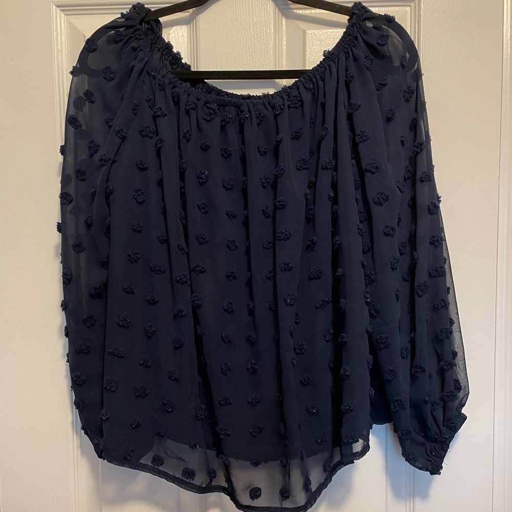 Large. Navy long sleeve pom off-shoulder blouse